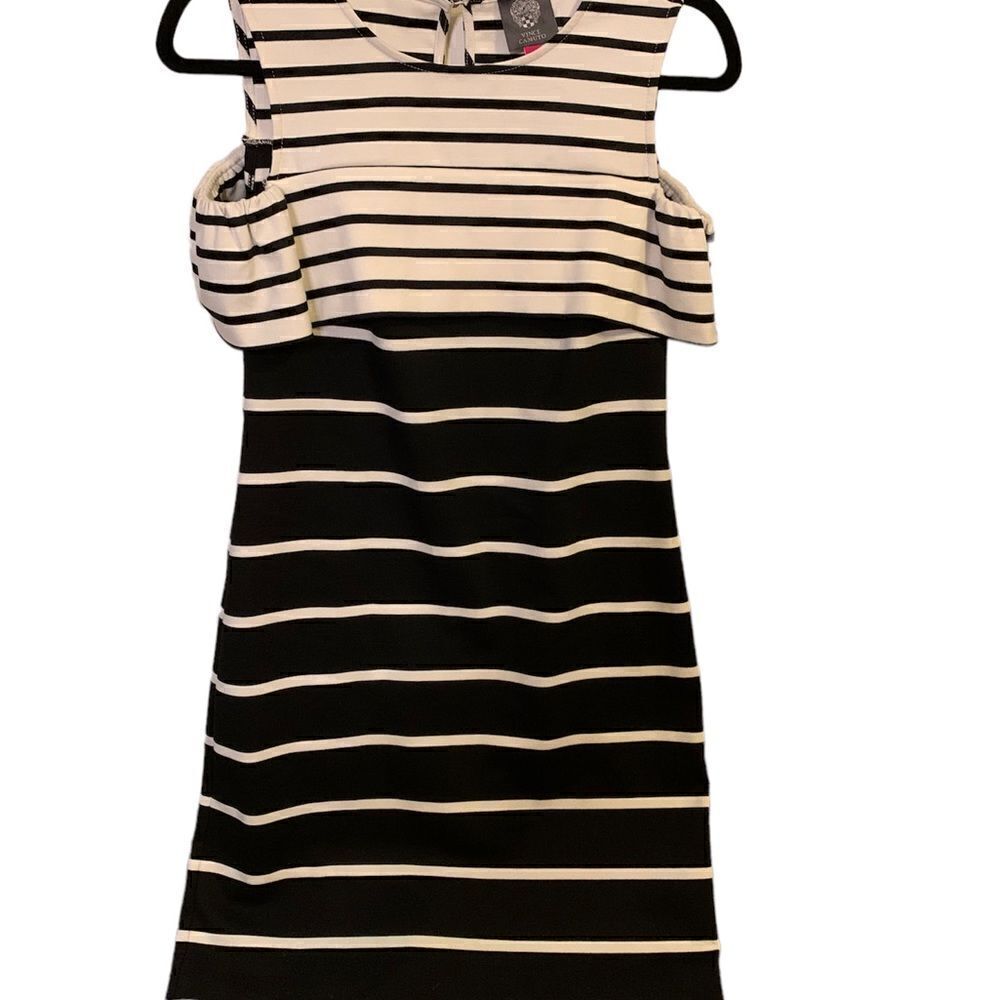 Vince Camuto Cold Shoulder Dress White and Black Striped Keyhole back - Picture 2 of 11
